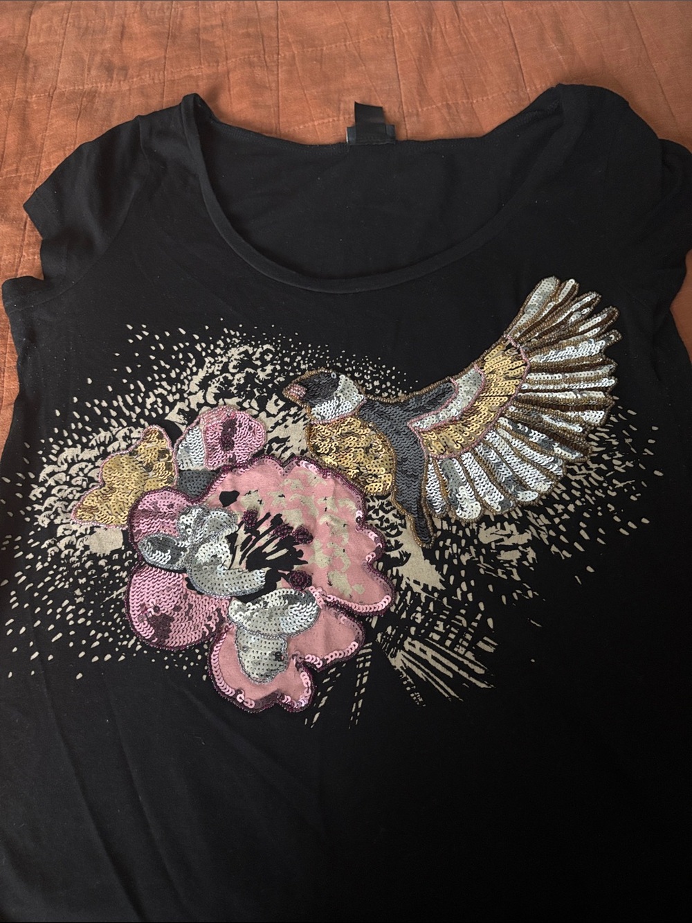 H&M Black Scoop Neck Tee with Sequin Bird & Pink Floral Applique